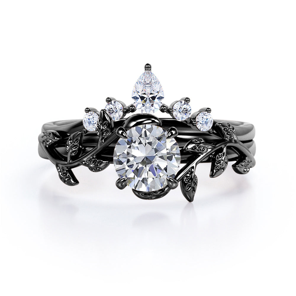 Fairytale 0.55 carat Round Moissanite and Diamond Wedding Ring Set in Black Gold