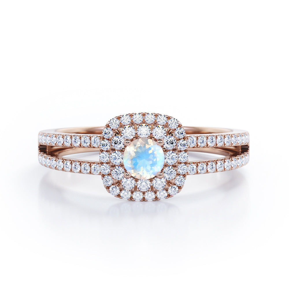 Clustered 1.55 Carat Round Cut Moonstone And Diamond Double Halo Split Shank Engagement Ring In White Gold
