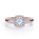 Clustered 1.55 Carat Round Cut Moonstone And Diamond Double Halo Split Shank Engagement Ring In White Gold