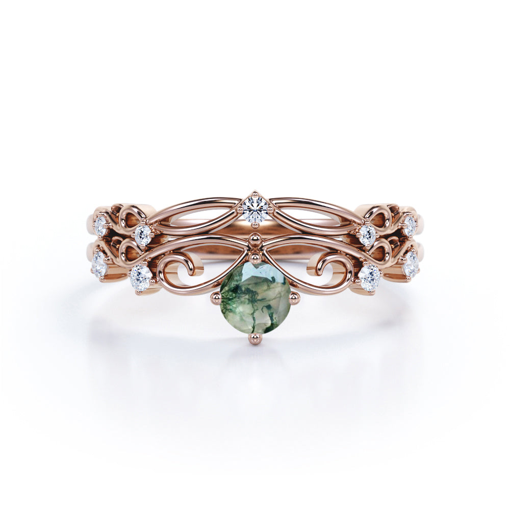 Art Deco 0.6 Carat Round Green Moss Agate Bridal Set