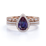 Pave Art Deco 2 Carat Lab Created Alexandrite and Diamond Halo Vintage Trio Bridal Set Rings
