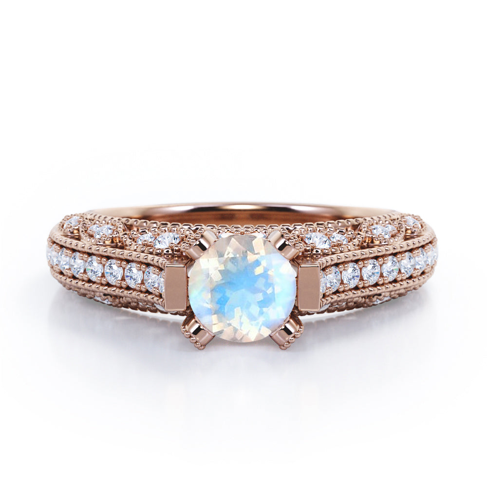 Beaded Four Prongs 1.40 Carat Round Cut Moonstone And Diamond Antique Art Deco Engagement Ring In White Gold