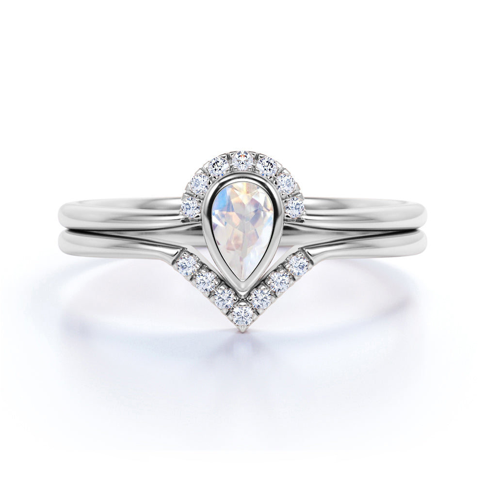 Bezel 1.75 Carat Almond Shape Rainbow Moonstone and Diamond Contour Wedding Set in Rose Gold