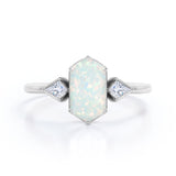 Trillion Six Prong 1.20 Carat Hexagon Shaped White Opal And Diamond Three Stone Bezel Set Engagement Ring In White Gold