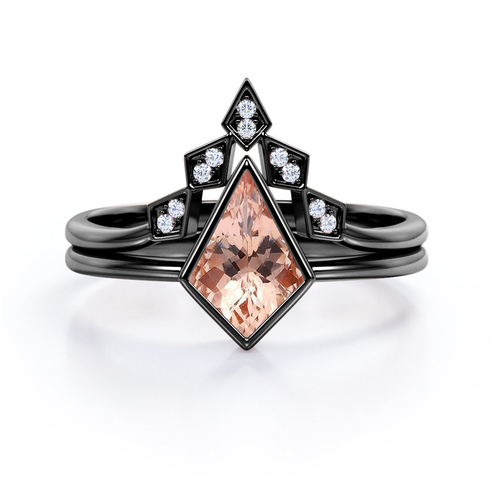 Solitaire Bezel set 1.1 carat Kite Morganite and Moissanite Minimal Wedding Ring Set in Rose Gold