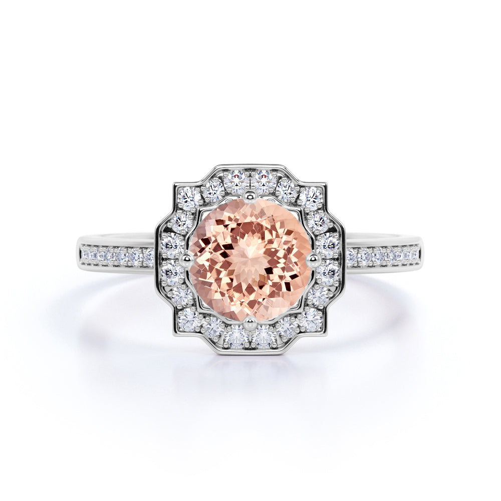 Designer 1.25 Carat Round Cut Peach Morganite and Diamond Halo Engagement Ring in Rose Gold