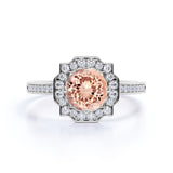Designer 1.25 Carat Round Cut Peach Morganite and Diamond Halo Engagement Ring in Rose Gold
