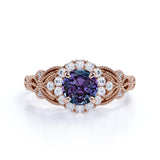 Antique Floral Milgrain 1.25 Carat Round Cut Created Alexandrite and Diamond Cluster Engagement Ring - Gifts for Her