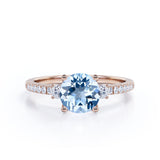 Three Stone 1.50 ct Round Aquamarine Pave Engagement Ring