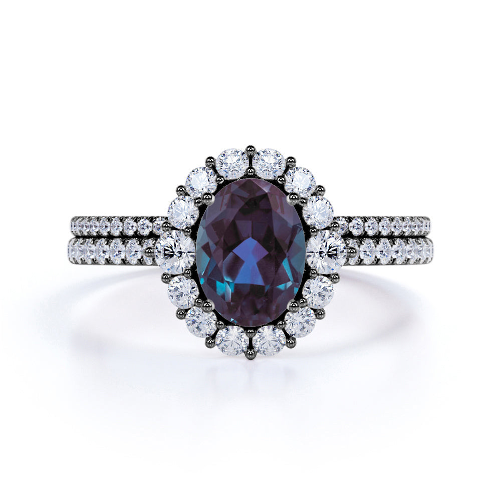 Snowflake Halo 1.75 Carat Oval Cut Simulated Alexandrite and Diamond Pave Bridal Set Rings