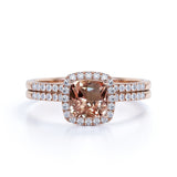 1.75 Carat Cushion Cut Halo Morganite and Diamond Bridal Ring Set in 10k Rose Gold for Women
