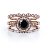 Bestselling 2 Carat Lab Black Diamond Halo Trio Wedding Bridal Ring Set in Rose Gold