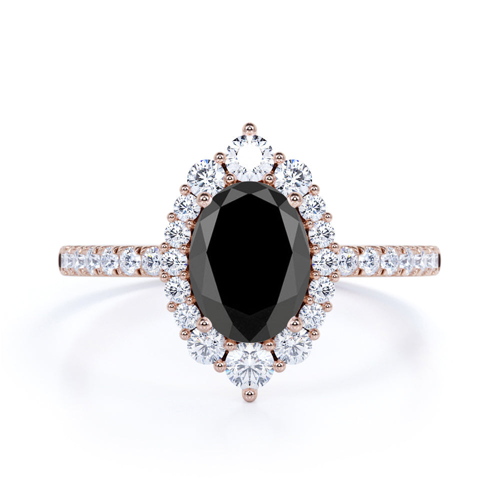 Huge 1.50 Carat Oval Lab Made Lab Black Diamond and Clustered Engagement Ring in White Gold