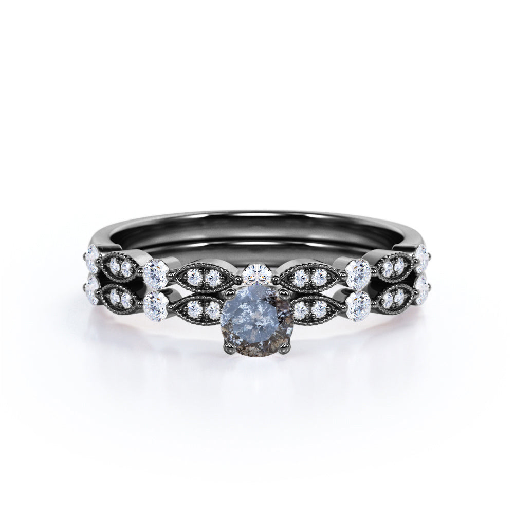 Classic 0.60 Carat Round Cut Natural Salt And Pepper Diamond Art Deco Wedding Ring Set In White Gold.