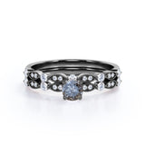 Classic 0.60 Carat Round Cut Natural Salt And Pepper Diamond Art Deco Wedding Ring Set In White Gold.