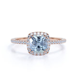 Pave 1.25 ct Cushion Aquamarine Halo Engagement Ring