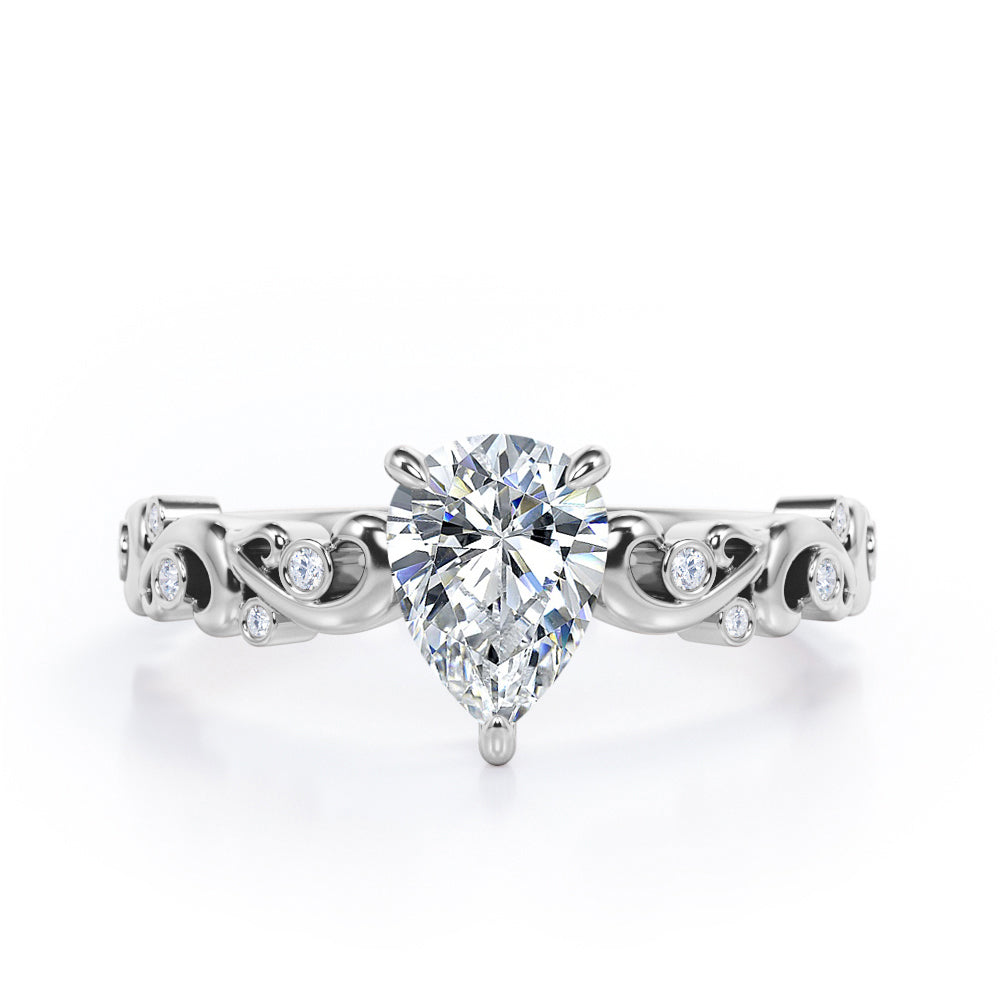 Vintage Style Scroll 0.5 carat Pear Moissanite and Diamond Engagement Ring in Rose Gold