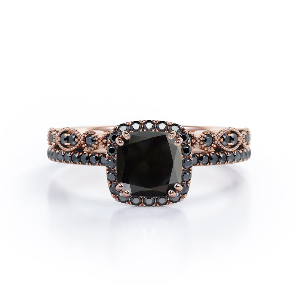 Pave-Accented Halo 1.6 TCW Cushion Cut Lab Created Black Diamond Milgrain Filigree Wedding Ring Set in White Gold