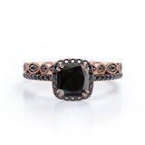 Pave-Accented Halo 1.6 TCW Cushion Cut Lab Created Black Diamond Milgrain Filigree Wedding Ring Set in White Gold