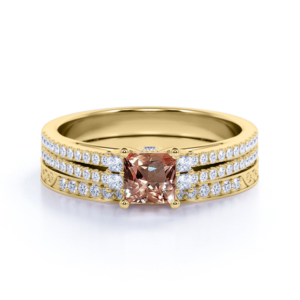 Limited Time Sale: 2 Carat Princess cut Morganite and Diamond Halo Art Deco Wedding Ring Set in Yellow Gold