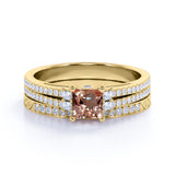 Limited Time Sale: 2 Carat Princess cut Morganite and Diamond Halo Art Deco Wedding Ring Set in Yellow Gold