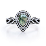 Double Halo 1.25 carat Pear Moss Agate and Moissanite Engagement Ring in White gold
