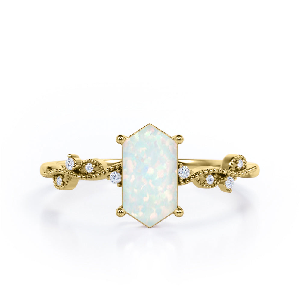 Milgrain 0.5 Ct Hexagon Cut Lab Created Opal Engagement Ring