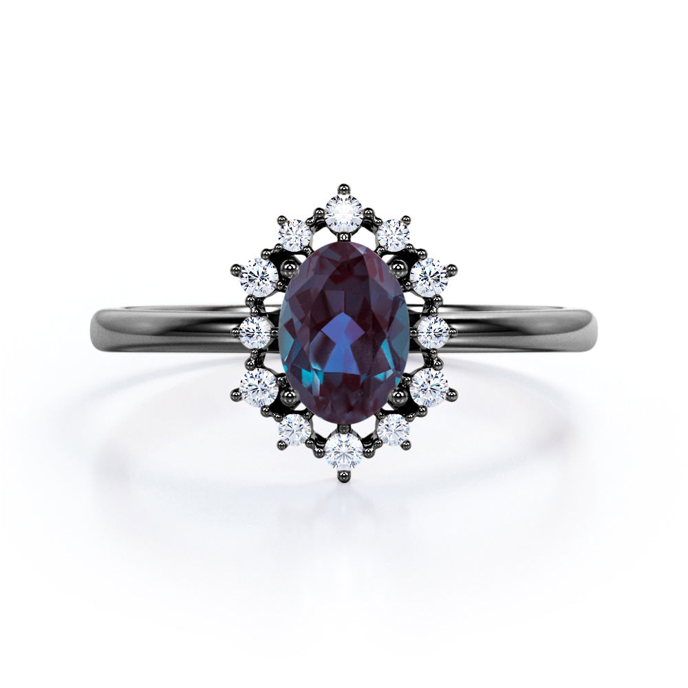 Hexagon Halo 1.20 Carat Oval Cut Lab Created Alexandrite And Diamond Bezel Set Four Prong Engagement Ring In White Gold