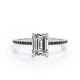 Four Prong - 1.25 TCW Emerald Cut Moissanite with Lab Created Black Diamond - Engagement Ring with Pave Accents in White Gold