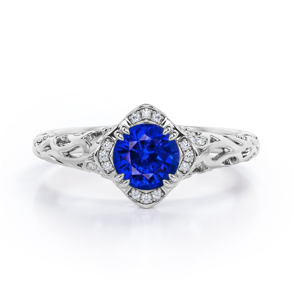 Modern Art Deco 1.10 Carat Round Cut Sapphire And Diamond Cushion Framed Halo Engagement Ring In Rose Gold