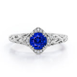 Modern Art Deco 1.10 Carat Round Cut Sapphire And Diamond Cushion Framed Halo Engagement Ring In Rose Gold