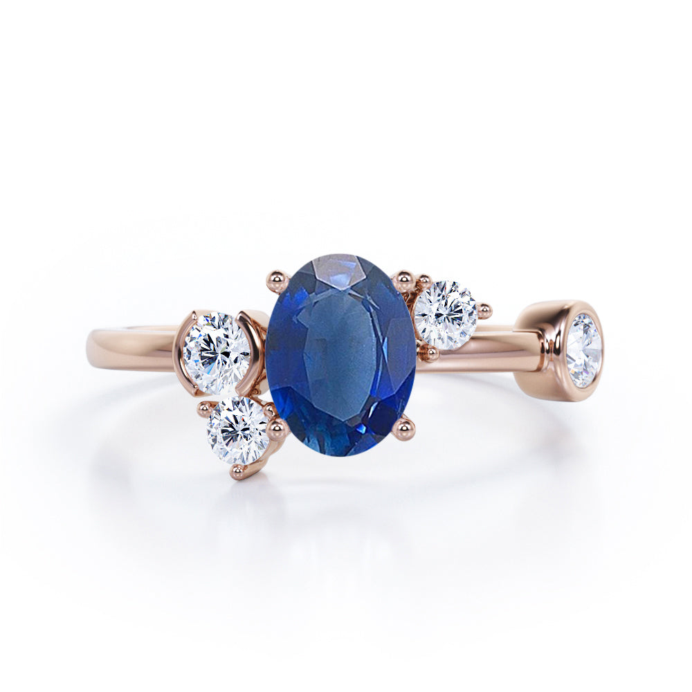Unique 1 carat Oval Five Stone Ring With Petite Blue Sapphire and Diamond in White Gold