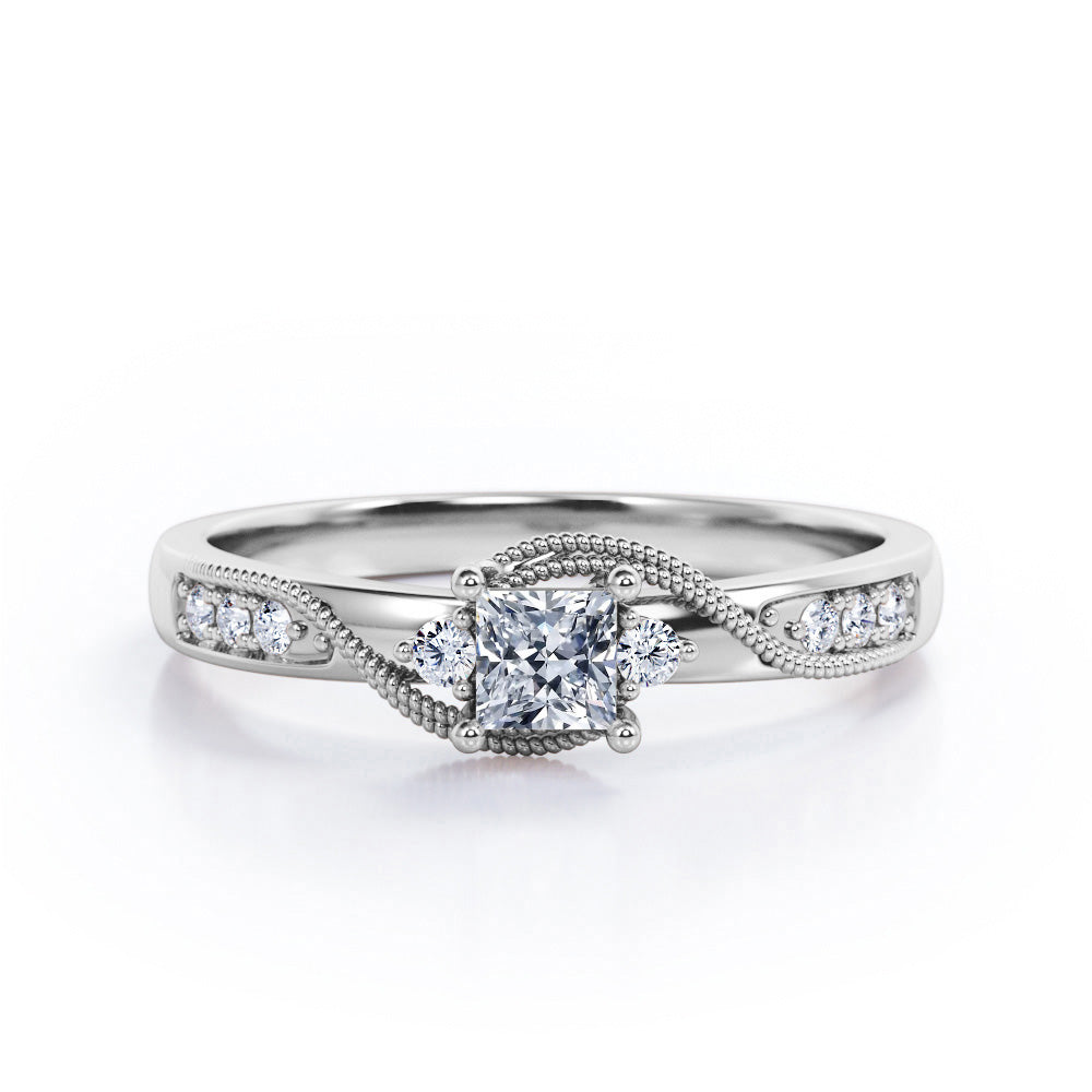 Double Curved Line Milgrain 0.55 carat Princess Moissanite and Diamond Dainty Engagement Ring in Black Gold