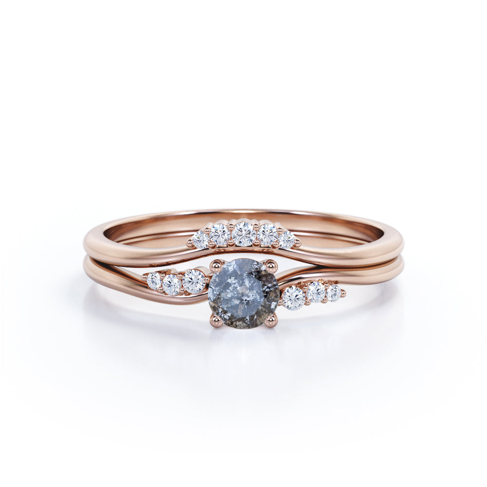 Curved 0.75 Ct Round Cut Salt and Pepper Diamond Bridal Set