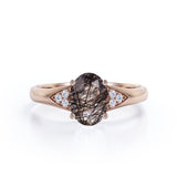 Tapered Prong Setting 1.15 Carat Oval Cut Druzy Black Rutilated Quartz and Diamond 7 Stone Classic Engagement Ring