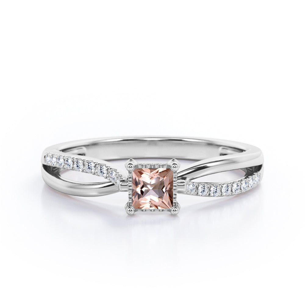 Twisted and Split Pinched Shank 0.65 carat Princess Morganite and Moissanites Elegant Engagement Ring in Rose Gold