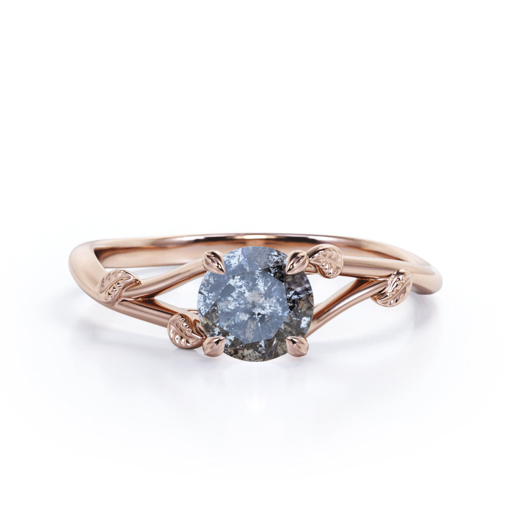 0.33 Ct Round Cut Salt and Pepper Diamond Leaf Engagement Ring