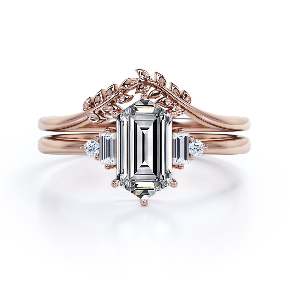 Marvelous 0.8 carat Hexagon Moissanite and diamond Wedding Set in White Gold