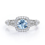 Antique Milgrain 1.35 Carat Round Cut Aquamarine And Diamond Halo Engagement Ring In White Gold