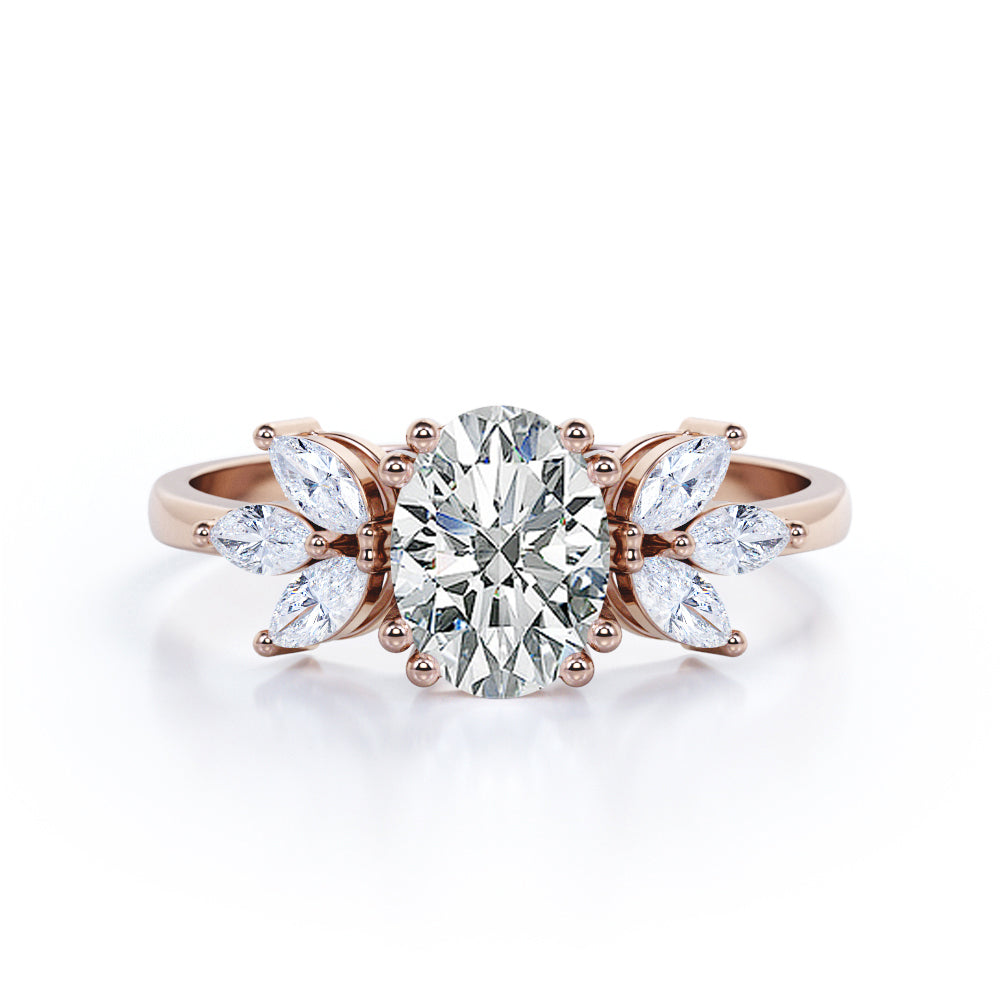 Beautiful Clustered Leaf 0.6 carat Oval Moissanite and cubic zirconia Engagement Ring in Black Gold