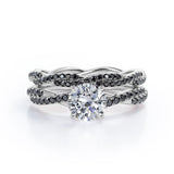 Double Twisted Eternity - 1.75 TCW Round Cut Moissanite with Lab Created Black Diamond - Basket Cathedral Bridal Ring Set in White Gold