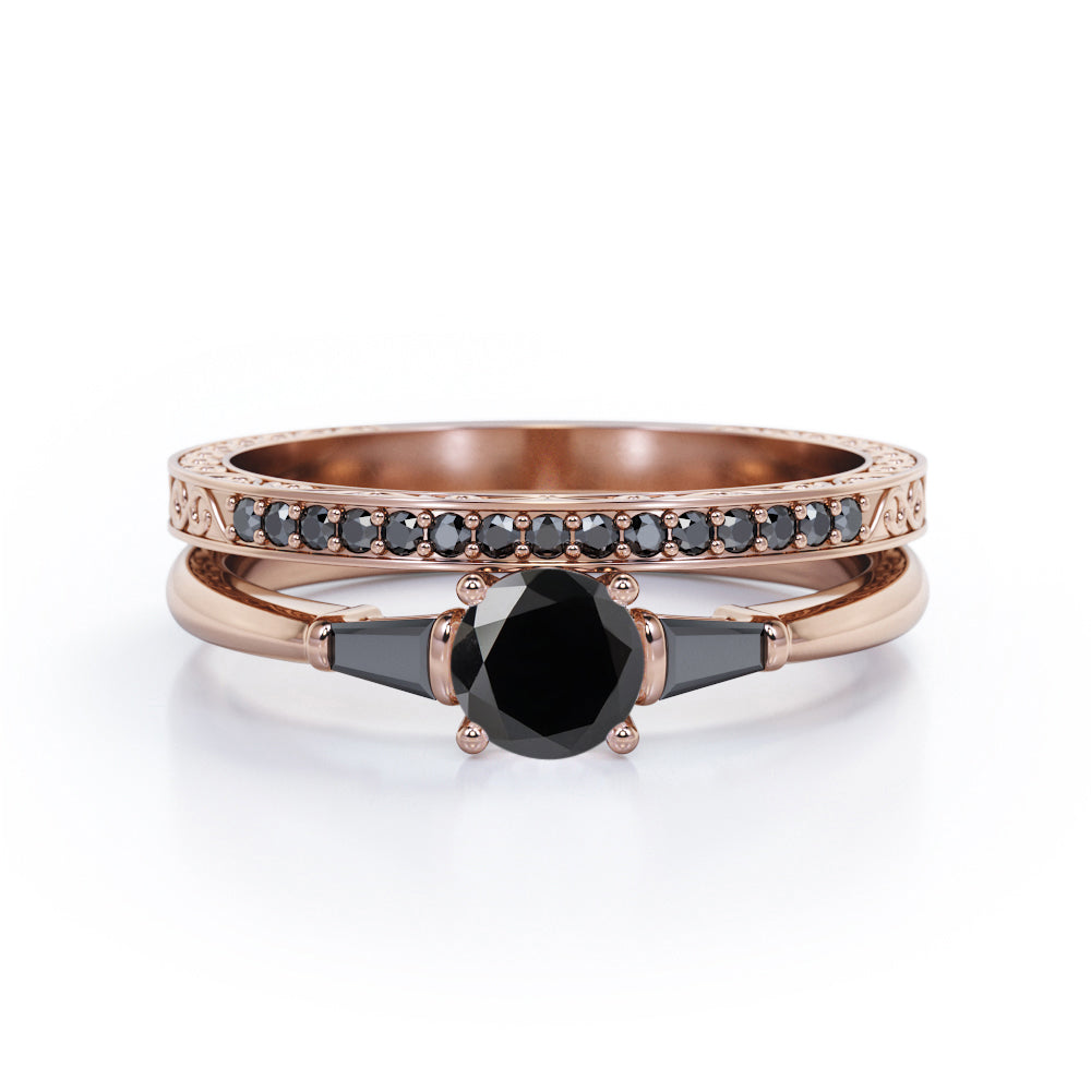 Three-Stone Prong 1.35 TCW Round Cut Lab Created Black Diamond Lattice Bridal Ring Set in White Gold