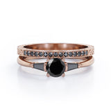 Three-Stone Prong 1.35 TCW Round Cut Lab Created Black Diamond Lattice Bridal Ring Set in White Gold