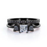 Triple Stone Square V-Prong 1.45 TCW Princess Cut Moissanite with Lab Created Black Diamond Filigree Wedding Set in Rose Gold