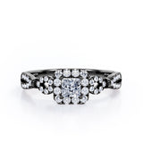 0.5 TCW Princess Cut Diamond - Triple Halo Design - Split Shank Pave Engagement Ring - 10K Black Gold