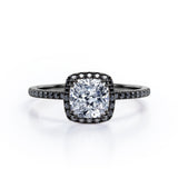 Classic Halo Setting - 1.5 TCW Cushion Cut Moissanite with Lab Created Black Diamond - Pave Style Engagement Ring in Black Gold