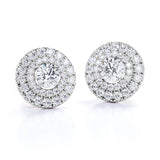 Claw Set 1.20 Carat Round Certified Moissanite and Diamond Double Halo Pave Studs - Wedding Earrings in Rose Gold