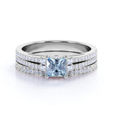 1.50 Carat princess cut Aquamarine and Diamond Halo Wedding Set in White Gold