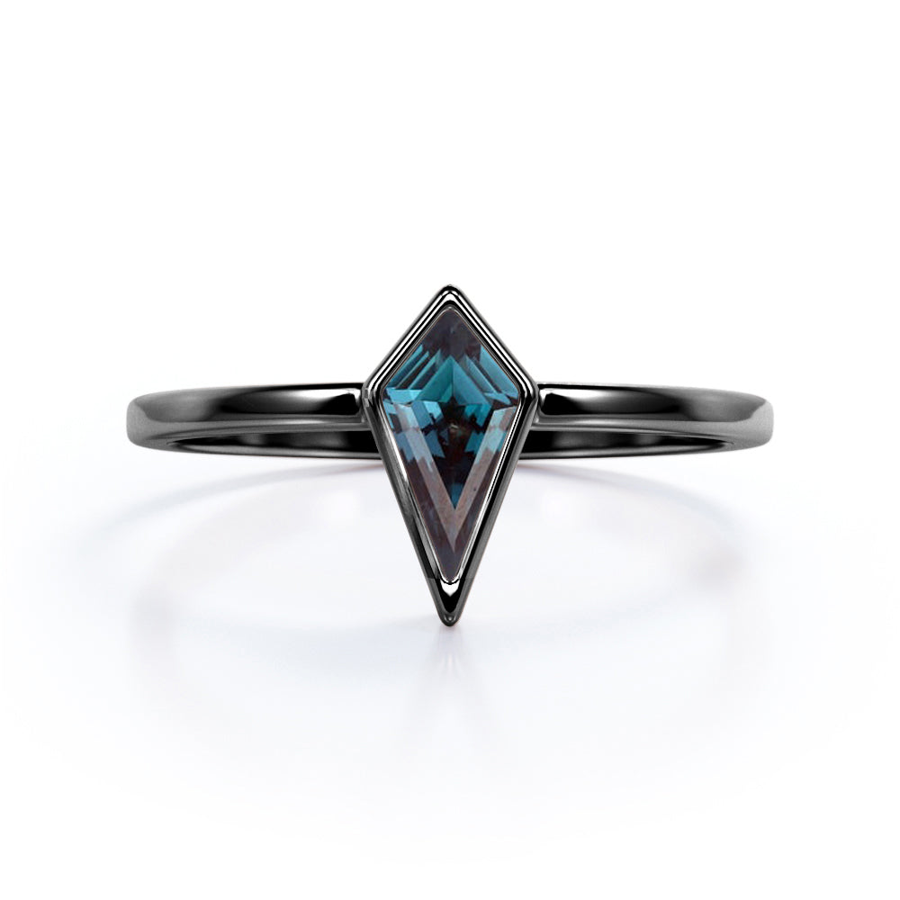 Solitaire 0.85 Carat Kite Shaped Lab Created Alexandrite Bezel Set Engagement Ring  In White Gold