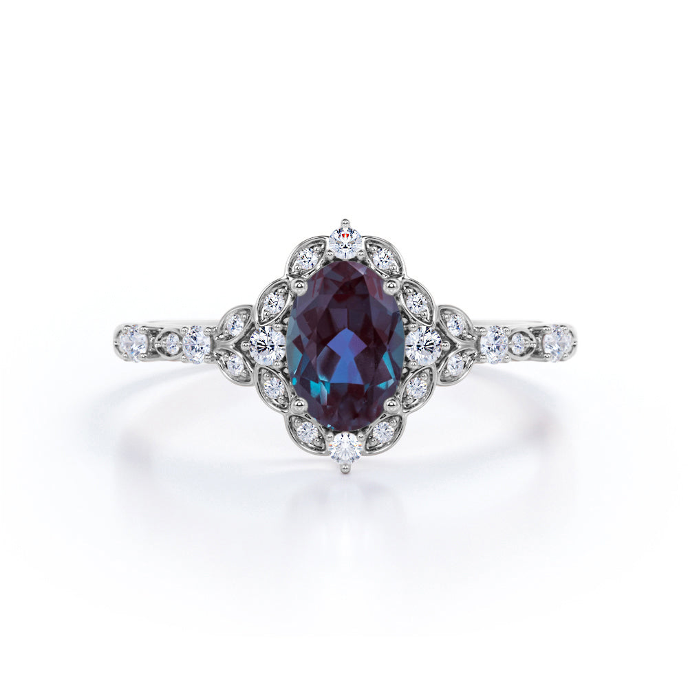 Antique 1.45 Carat Oval Cut Lab Created Alexandrite And Diamond Art Deco Style Engagement Ring In White Gold